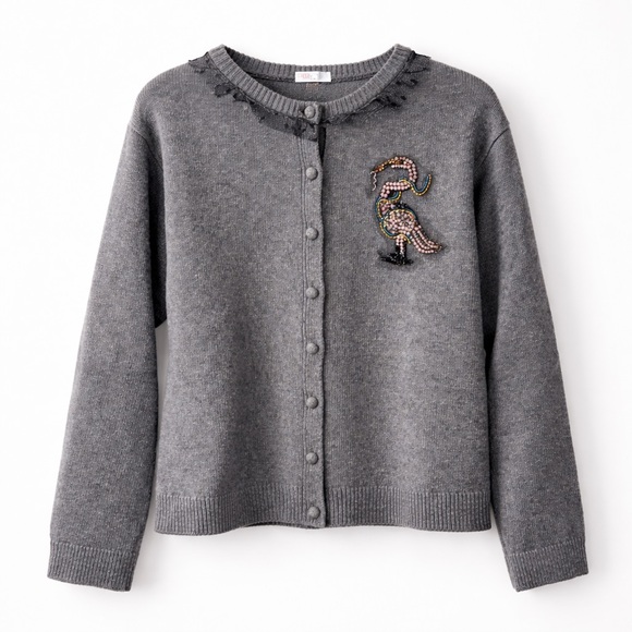 RED Valentino Sweaters - RED Valentino Embellished Bird Gray Cardigan Sweater